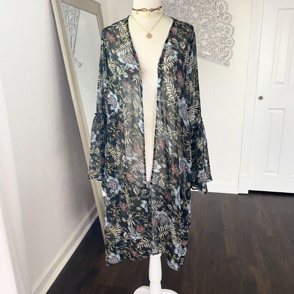 American Eagle Outfitters Black Floral Mesh Open Front Kimono Duster Cardigan M